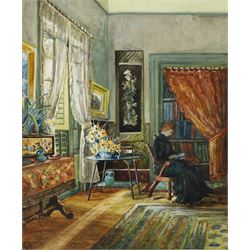 English School (20th Century): Woman Reading in a Daylit Interior, watercolour signed S J ...