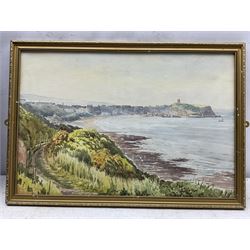 Edward H Simpson (British 1901-1989): 'Scarborough South Bay from Cliff Tops', watercolour signed, titled on label verso 35cm x 53cm;Tom S Hoy (British 20th century): Deck Chairs by the Ocean Room, Scarborough Spa, oil on board signed 30cm x 45cm; T Crawford (20th century): Steam and Sail Vessels, oil on board signed 40cm x 50cm (3)