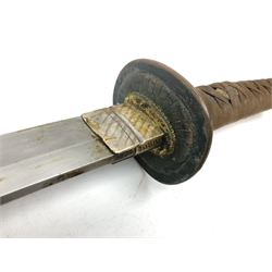  WWII Japanese Naval Kai Gunto sword, 71cm bright steel single edge curved blade with starburst Tsuba, cotton wrapped shagreen hilt with floral menuki, black lacquer sheath with twin suspension rings, 101cm overall  