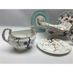 19th century Royal Crown Derby in cherry tree pattern, twin handled sauce dish and saucer and twin handled dish, together with three Royal Crown Derby plates, including one signed WEJ Dean