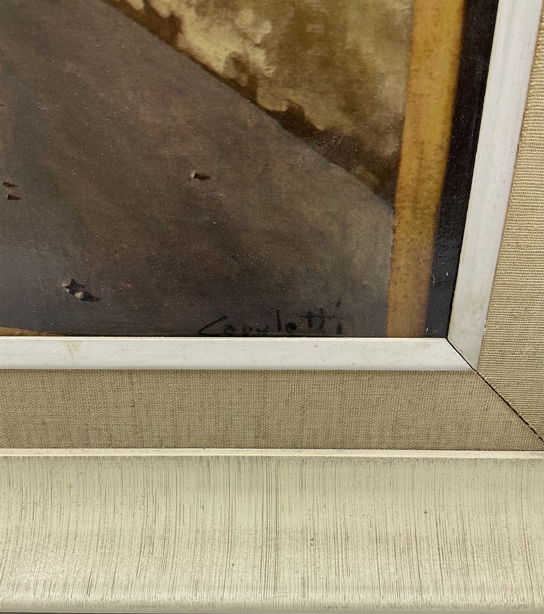 After José Manuel Capuletti (Spanish 1925-1978): 'New Horizons', colour print on canvas signed in the plate 66cm x 49cm