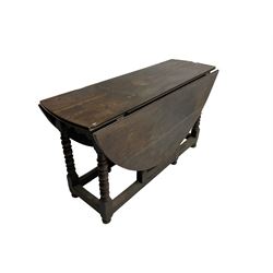 19th century rustic oak gate-leg drop-leaf dining table, oval top on turned supports joined by stretcher base with compressed bun feet