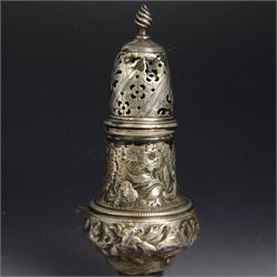 George III silver sugar caster, of typical form profusely embossed with floral and foliate details, hallmarked Jabez Daniell & James Mince, London 1768, H15cm