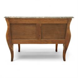 French Louis XV revival bombe commode, early 20th century, with variegated marble top above two drawers inlaid with floral marquetry, gilt metal rococo handles and mounts, kingwood and tulipwood veneers laid in chevron and quartered patterns, on cabriole supports with gilt sabots