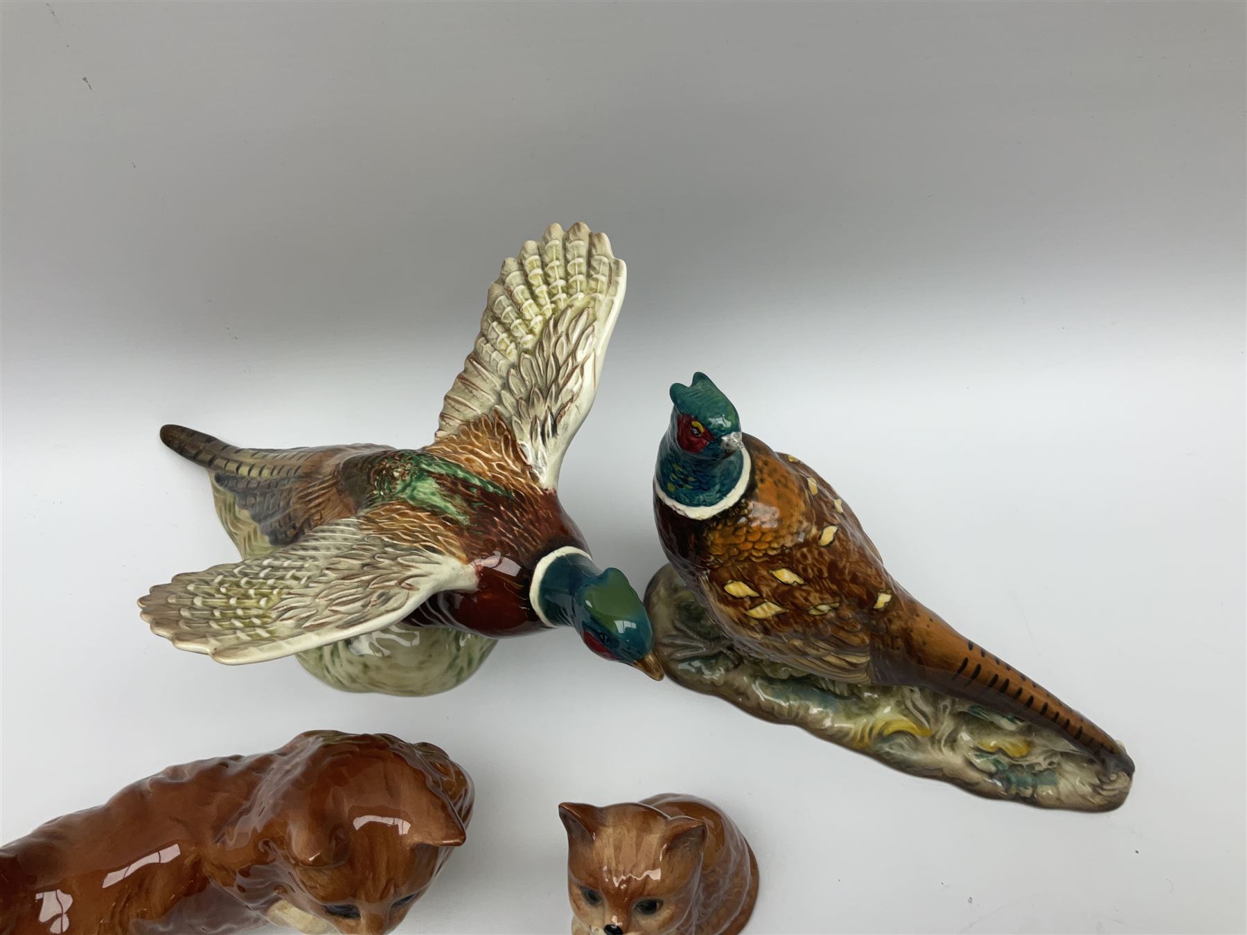 A collection of Beswick figures, comprising ginger cat model no 1898, ginger Persian kitten model no 1886, pheasant in flight model no 849, and pheasant model no 1226b.  