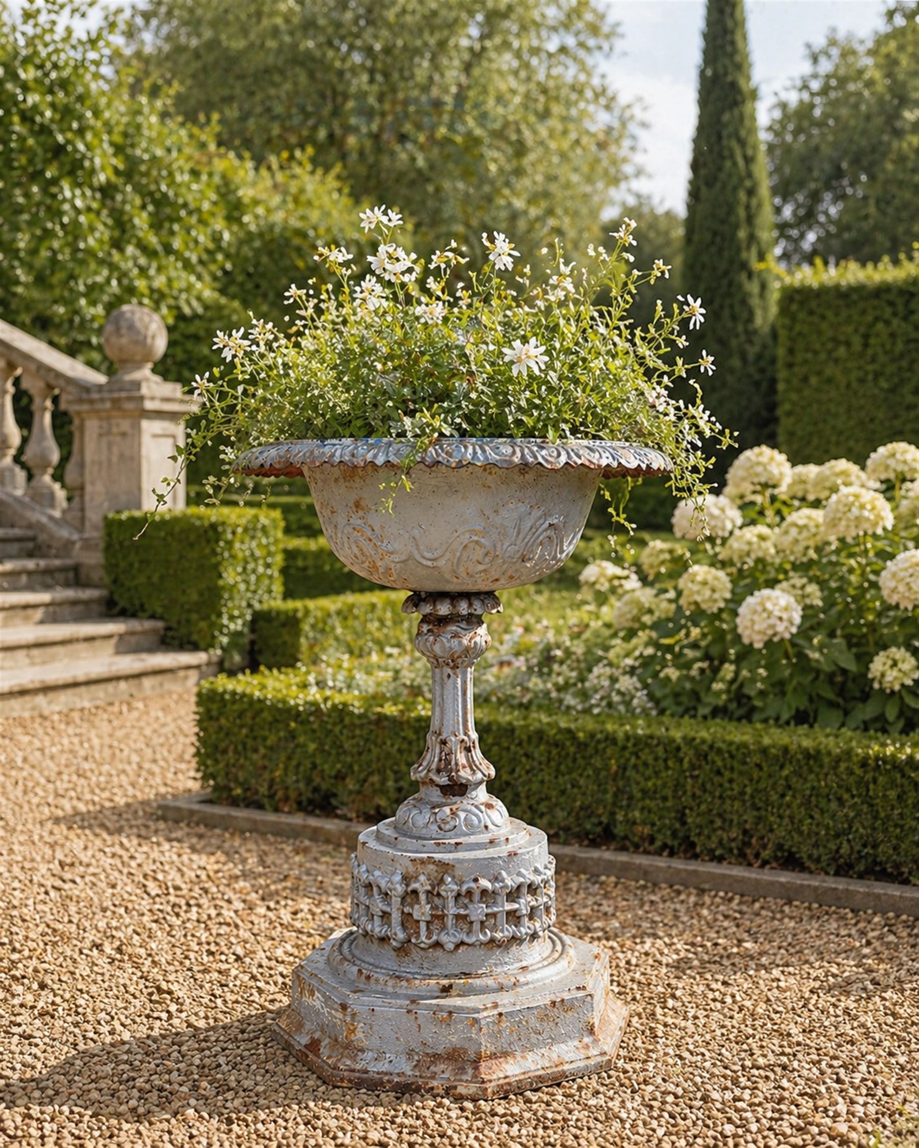 Small ornate painted 19th-century Meadow Foundry cast iron centrepiece urn, with wide, scalloped bowl rim decorated with a repeating egg and dart decoration, supported on a slender fluted pedestal with raised quatrefoil design on an octagonal plinth base  
