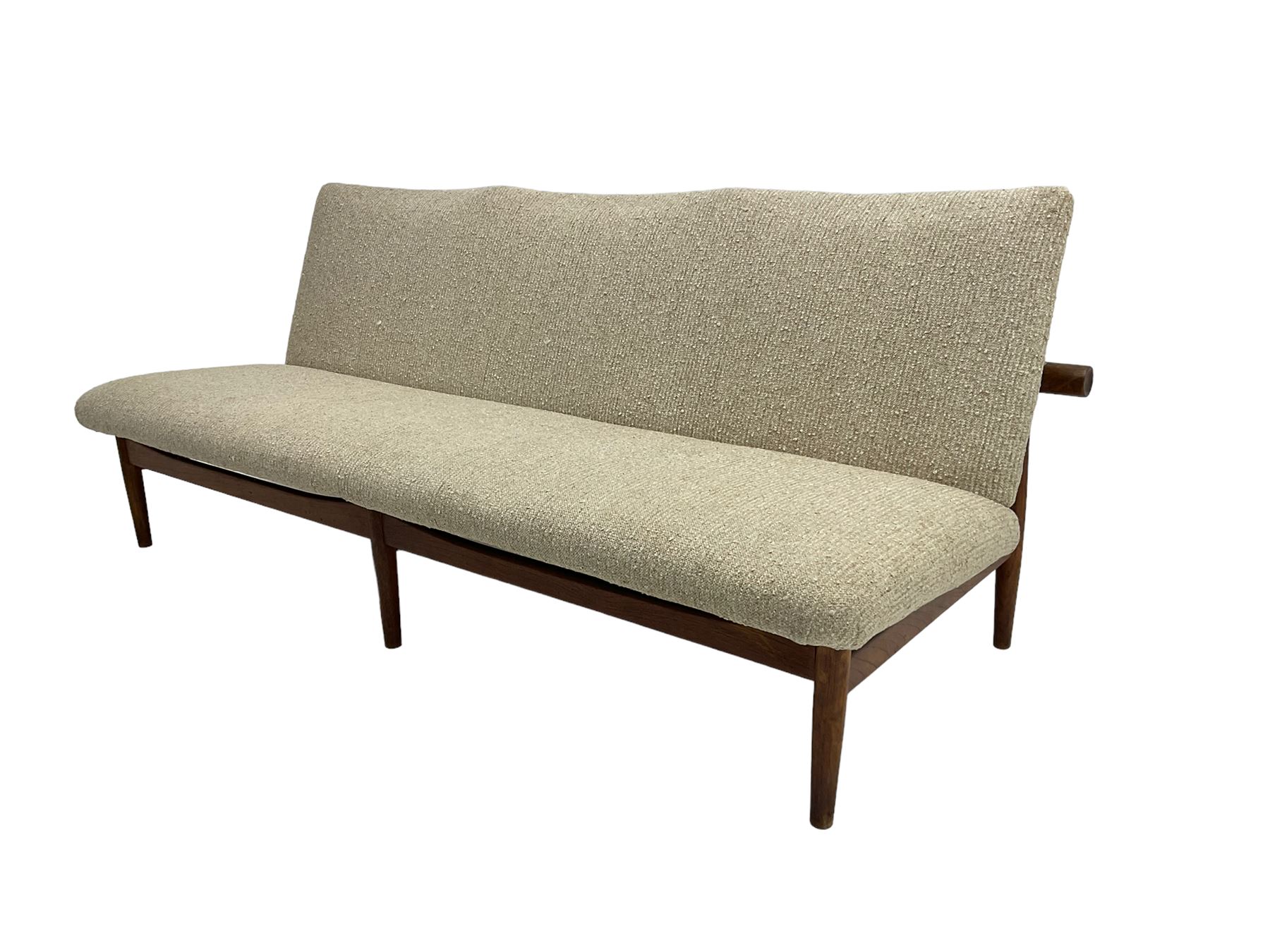 Finn Juhl for France & Son - 'Japan' mid-20th century teak three seat sofa upholstered in beige fabric 