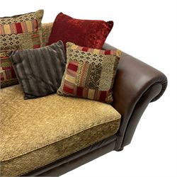 DFS - 'Perez' three-seat sofa (W222cm, H90cm, D105cm); and matching two-seat sofa (W188cm); upholstered in stitched brown fabric with patterned contrasting fabric cushions
