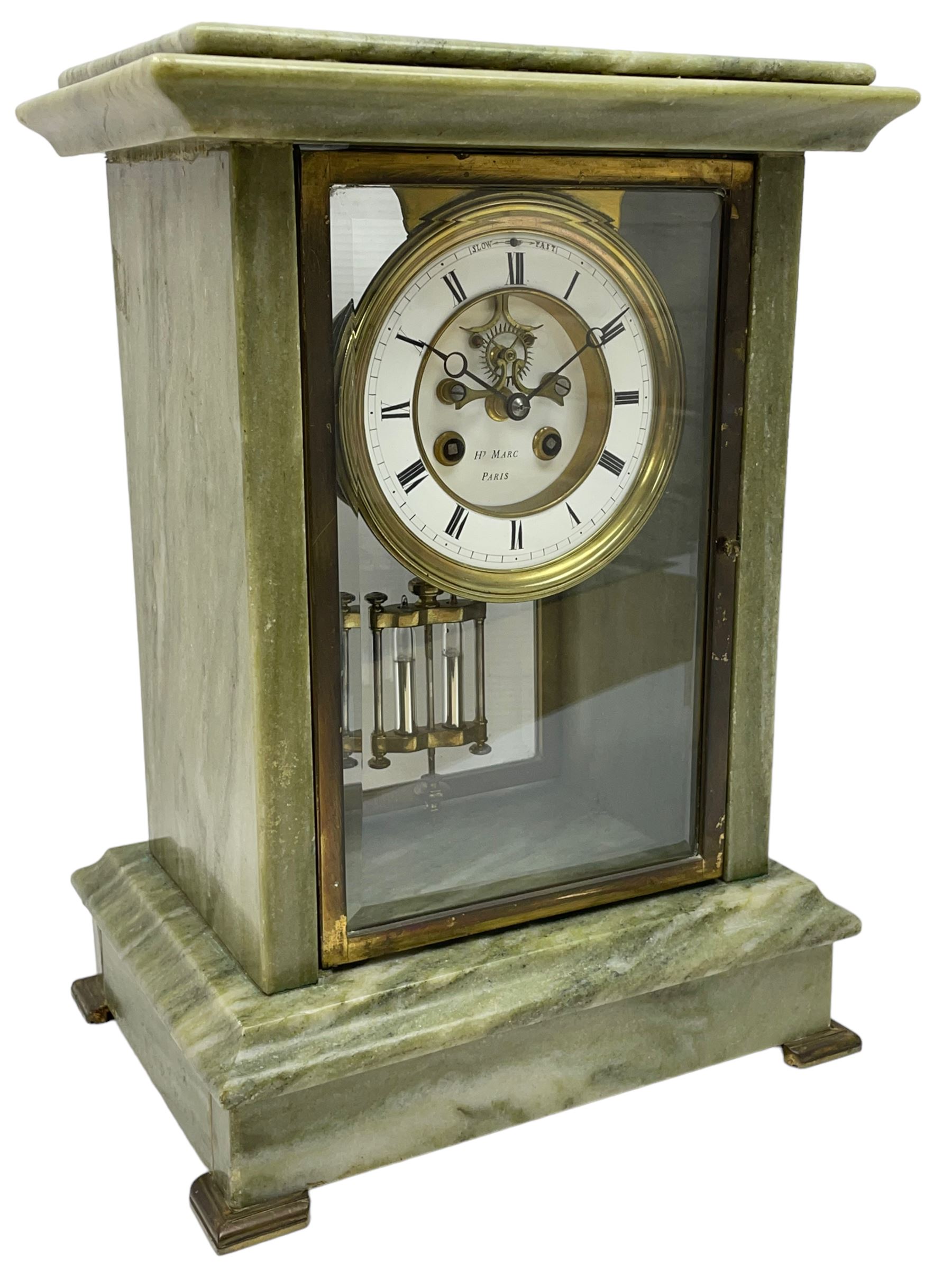 Henry Marc - Early 20th century 8-day French art deco mantle clock c1910, in a green mottled marble case with a stepped flat top and deep moulded plinth, brass framed bevelled front and rear glass doors, two part enamel dial with a visible Brocot deadbeat escapement and pendulum regulation, steel moon hands and Roman numerals, Parisian twin train rack striking movement with a visible twin file mercury pendulum, striking the hours and half-hours on a bell.