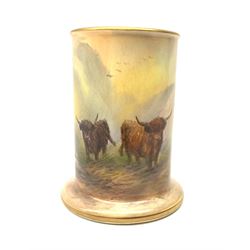 A Crown Devon Fieldings vase, of cylindrical form painted with a highland cattle scene and signed Cox, with printed marks beneath, H11.5cm