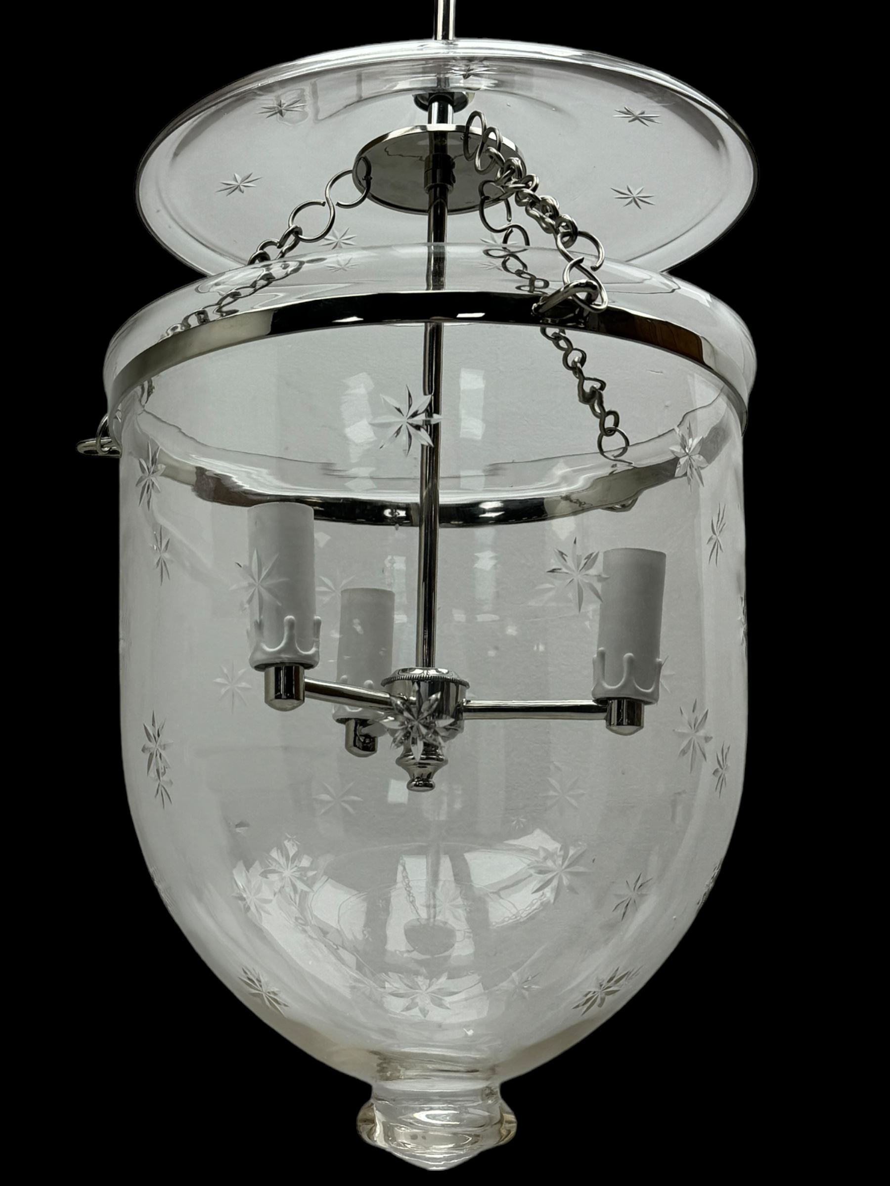 India Jane Interiors - pair of hallway glass bell jar ceiling lanterns, fitted with three branches, decorated with bevelled star motifs - ex-display/bankruptcy stock 