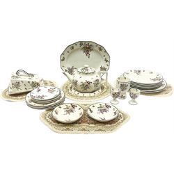 Royal Doulton part dinner service in Old Leeds Sprays pattern,  to include cheese dome, teapot and stand, egg cups etc, together with a selection of floral doilies.  