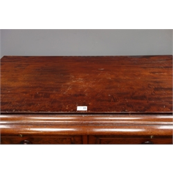  Victorian mahogany chest of two short and three long figured panel drawers with turned wooden handles, on bun turned feet, W122cm, H130cm, D56cm  