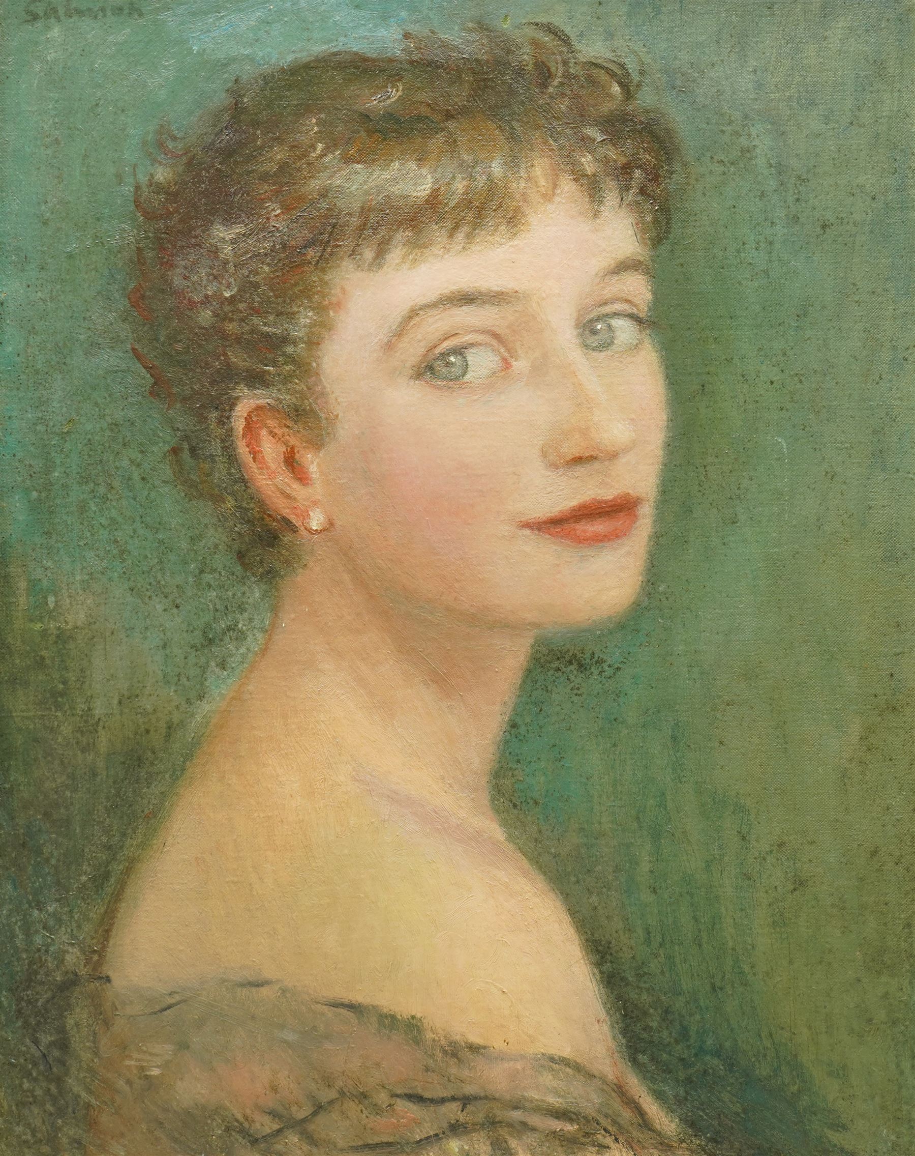 Dona Salmon (British mid-20th century): Portrait of a Lady, oil on canvas signed inscribed and dated 1955, 50cm x 40cm