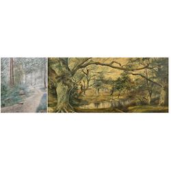 English School (Early 20th century): Squirrels on Woodland Path, watercolour unsigned 24cm x 17cm; English School (Mid 20th century): Woodland Pond, watercolour unsigned 31cm x 55cm