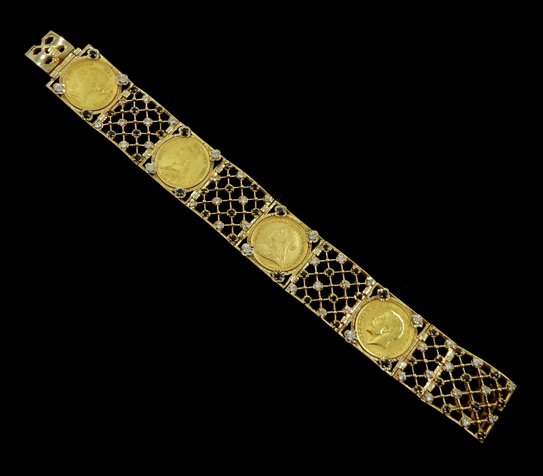 Gold half sovereign bracelet, four loose mounted sovereigns including 1883 shield back, 1892 shield back, 1899 and 1911, in 9ct gold blue and white cubic zirconia openwork bracelet