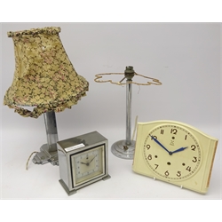  Two Art Deco chrome table lamps & Temco Electric mantle clock and a vintage German H.A.C porcelain wall clock (4)  