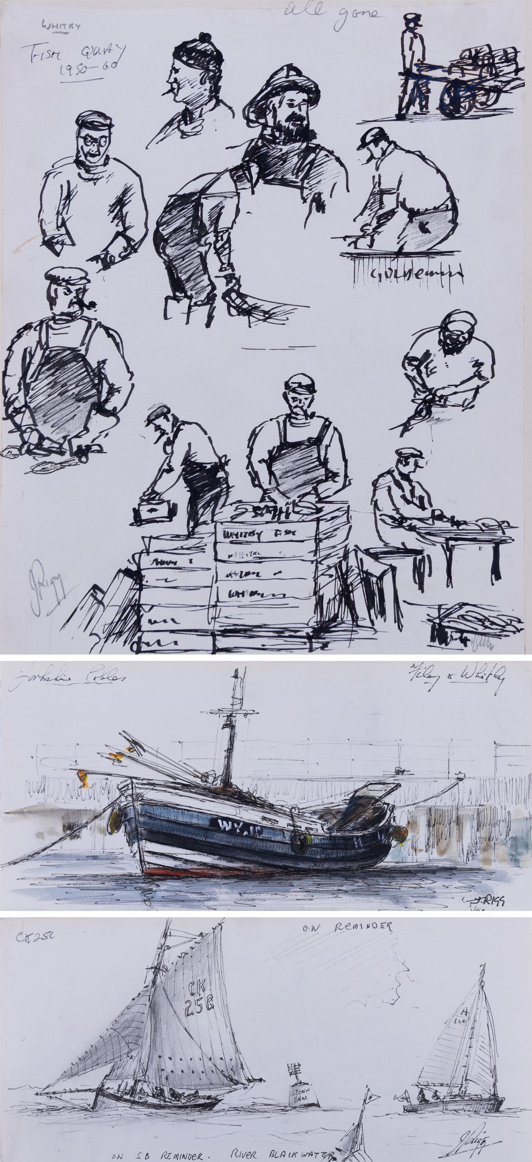 Jack Rigg (British  1927-2023): Whitby Fish Quay Portraits and Yorkshire Cobles - Filey and Whitby, two pen and ink sketches variously inscribed and dated, 25cm x 20cm and 11.5cm x 25cm (2) (unframed)