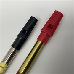 Three Tony Dixon Irish whistles comprising polymer low D, alloy low G and brass three-hole tabor low G; all in hard plastic issue cases with additional soft case for low D; and two other whistles by Generation (Bb) and Feadog (C) (5)