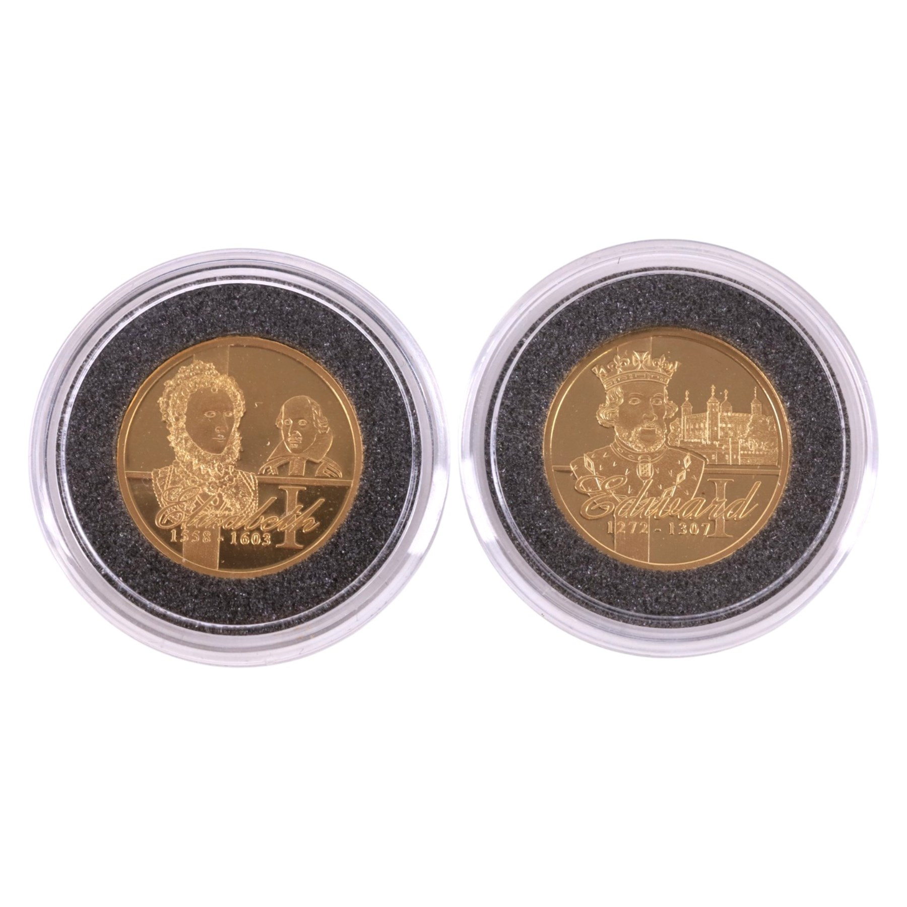 Two 'Kings and Queens of Great Britain Gold Edition' 22ct gold medallions, issued by The London Mint Office, with certificates