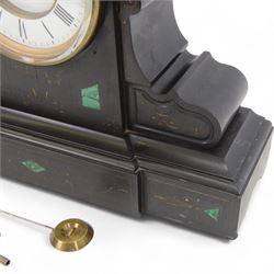 French- Belgium slate mantle clock c1880, drum movement case with voluted side supports and incised gilt decoration with contrasting panels of malachite inlay, two part enamel dial within a glazed cast brass bezel, with a visible Brocot escapement and cornelian pallets, Roman numerals and steel spade hands, twin train rack striking movement striking the hours and half-hours on a bell. With pendulum and key. 