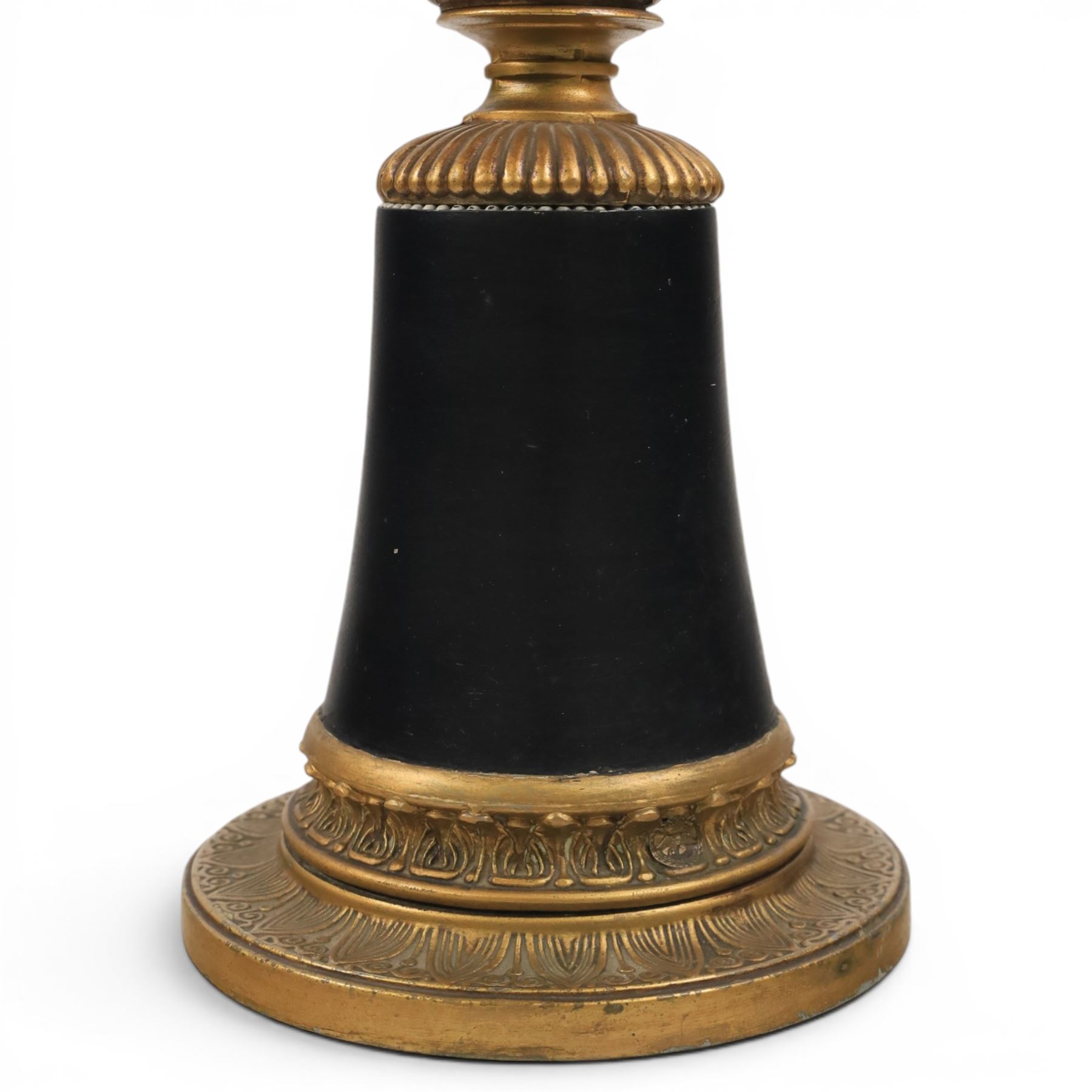 Neoclassical style table lamp, with conical stem upon a circular base, with gold lampshade with tassel trim, H82cm without shade