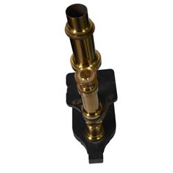 19th century brass monocular microscope by Hartnack & Prazmowski, in fitted case incscribed David Marr London, with two eyepieces, together with two further brass monocular microscopes