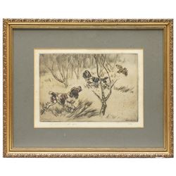 Tom Carr (British 1912-1977): 'Across the Road', limited edition coloured etching signed titled and numbered 67/75 in pencil 25.5cm x 37.5cm; Henry Wilkinson (British 1921-2011): Spaniels Flushing a Woodcock, limited edition coloured etching signed and dated 73/75 in pencil 20cm x 29cm (2)