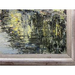 F Potts (British 20th century): River Reflections, impasto oil on canvas signed 45cm x 75cm