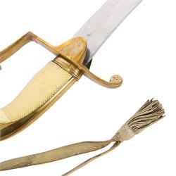 British 1976 pattern cavalry officers' saber variation of  private purchase, the 76cm single edged blade extremely curved, brass stirrup hilt with chequered ivory grip the languets bearing military trophies, with original buck skin sword knot, the leather scabbard has three brass mounts with twin suspension rings, the top mount bears makers cartouche of 'Tatham to his Majesty, Charing Cross London', 1800-1860, overall L90cm  This item has been registered for sale under Section 10 of the APHA Ivory Act 