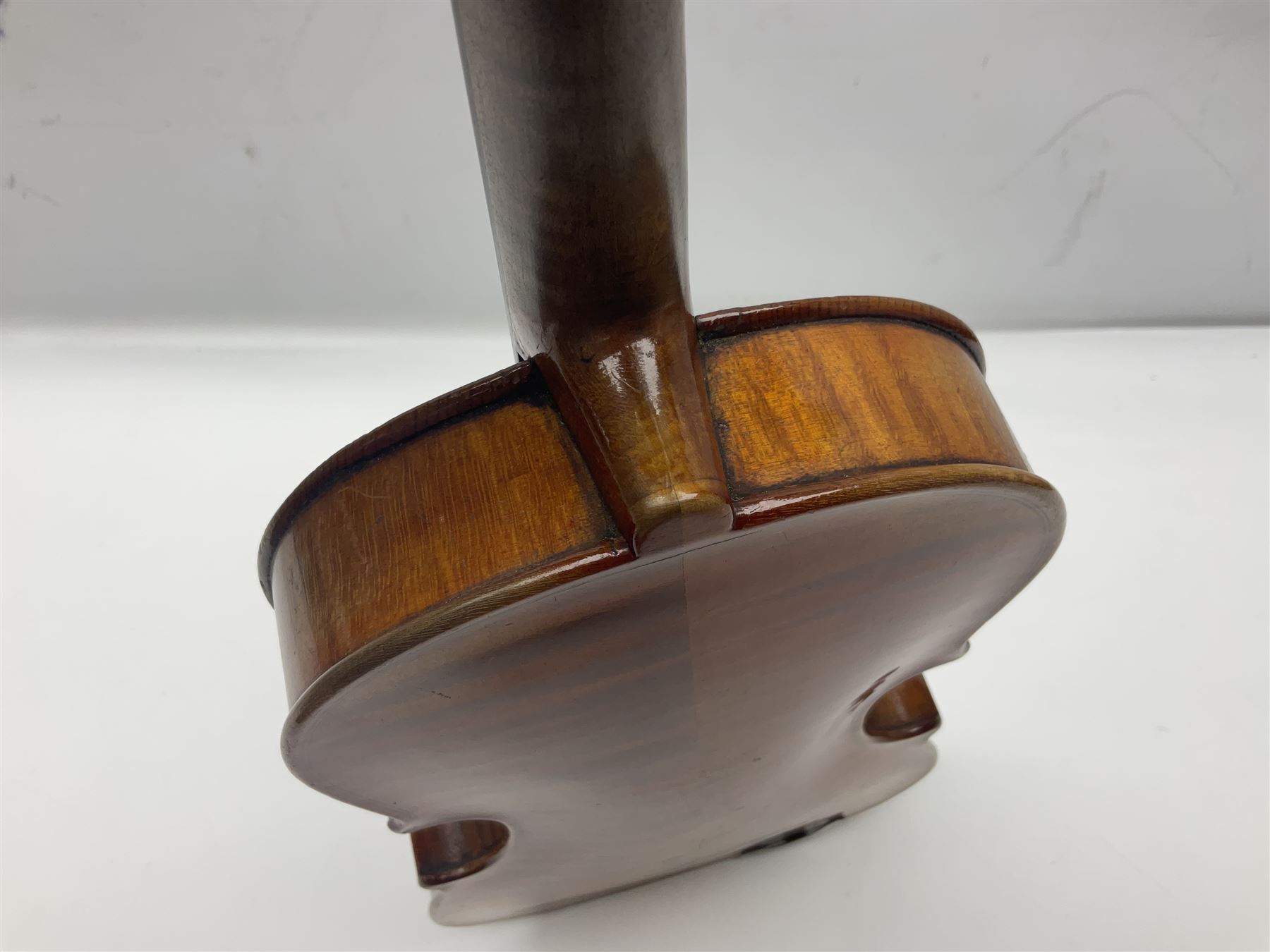 German violin c1900 for re-assembly with 36cm two-piece maple back and ribs and spruce top; L59cm; in ebonised wooden 'coffin' case with two bows