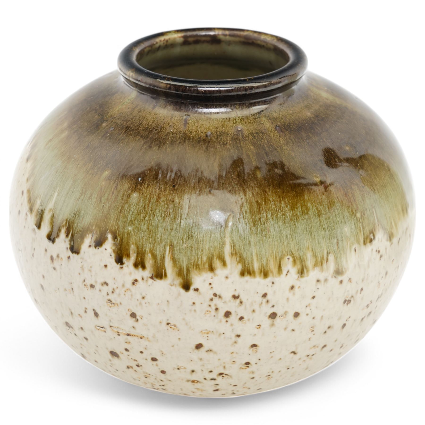 Barbara Cass (1921-1992) for Arden pottery; two studio pottery stoneware vases, one of slender tapered form the other of globular form, in dark green and cream glaze with speckled decoration, impressed marks to bases, tallest H39cm (2)