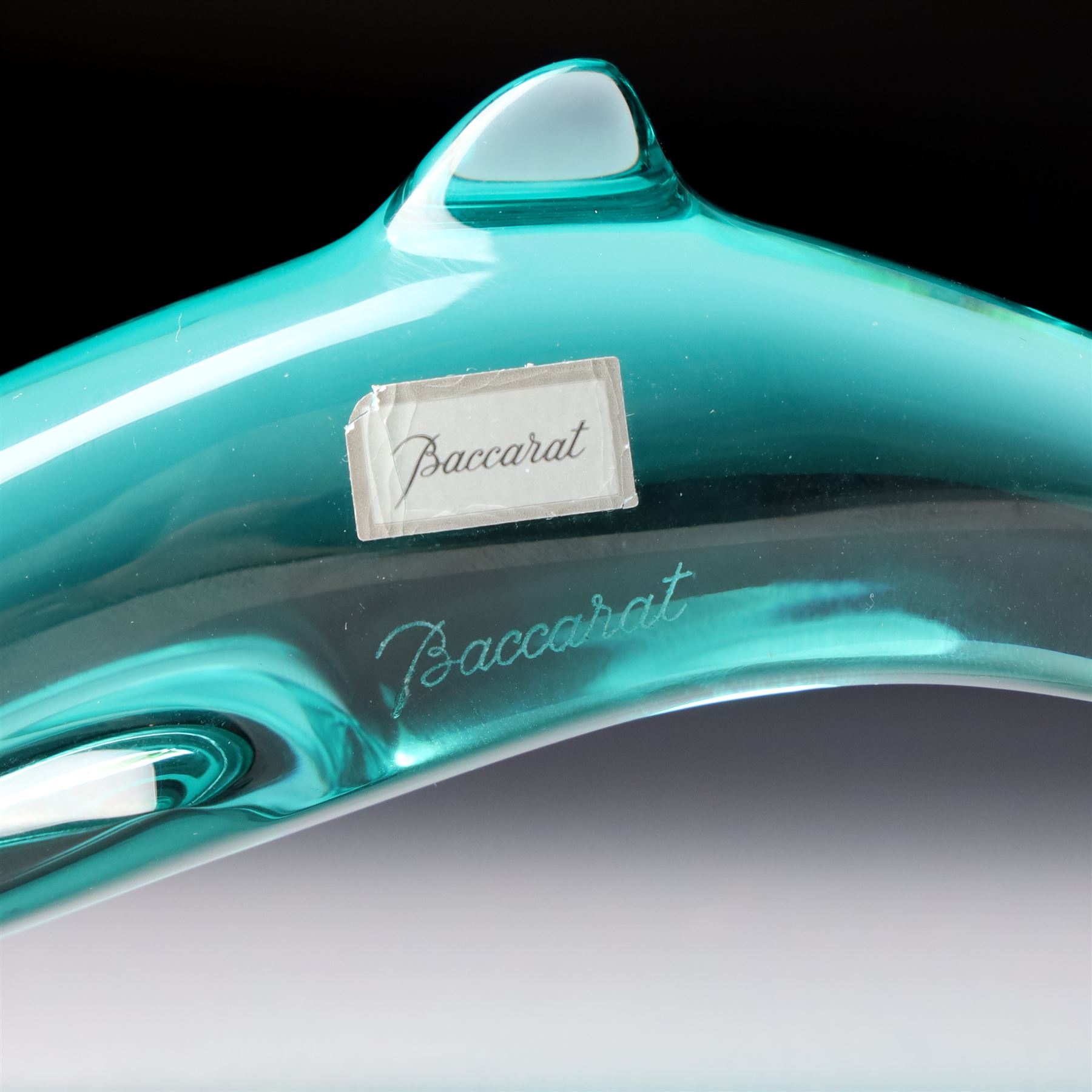 Lalique clear and frosted glass dolphin, label to base W12cm, boxed and a Baccarat blue glass dolphin W16cm  in Mappin & Webb box