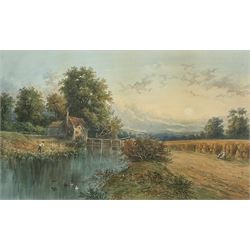 English School (19th/20th century): Angler Fishing in a River near Farmland, watercolour unsigned 42cm x 69cm