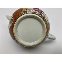 Two late 18th/early 19th century Chinese export teapots, the largest example of globular form with curved handle and straight spout, decorated in the Mandarin style with figural scenes surrounded by red scale reserves, H13.5cm, the second smaller example decorated in underglaze blue with two musicians in a landscape set with willow tree and fence, H10.5cm

