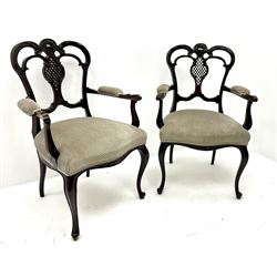 Pair late Victorian mahogany armchairs, shaped cresting rail, carved and pierced splat, upholstered serpentine front seat, french cabriole legs 
