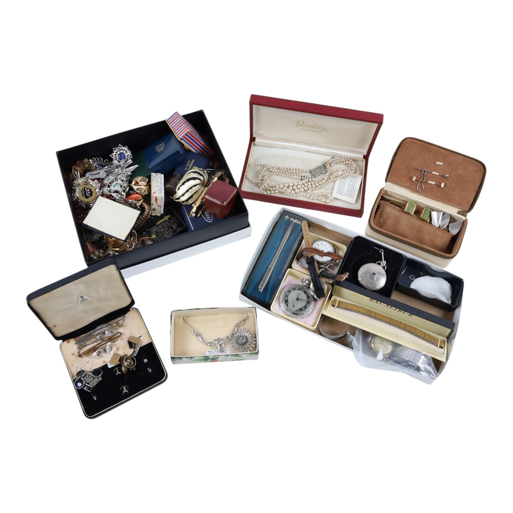 Collection of costume jewellery, including brooches and beaded necklaces, together with wristwatches including Vivela, Accurist and Delma examples, Ingersoll Triumph pocket watch etc