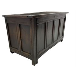 18th century oak blanket box, quadruple panelled lid and front, moulded stile supports