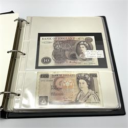 Album of mostly Great British banknotes including Peppiatt emergency issue one pound 'E57E', Peppiatt emergency issue ten shillings 'K97D', Beale series A one pound 'K11J', various other series A one pound notes, O'Brien series B Helmeted Britannia five pounds 'C96', Hollom series C portrait ten pounds 'A11', Gill series D pictorial five pounds 'SC82' etc