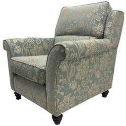 Grande Knole three-seat sofa (W255cm, H95cm, D95cm); and matching armchair (W103cm, H106cm, D100cm); upholstered in  floral pattern pale blue and silver fabric 
