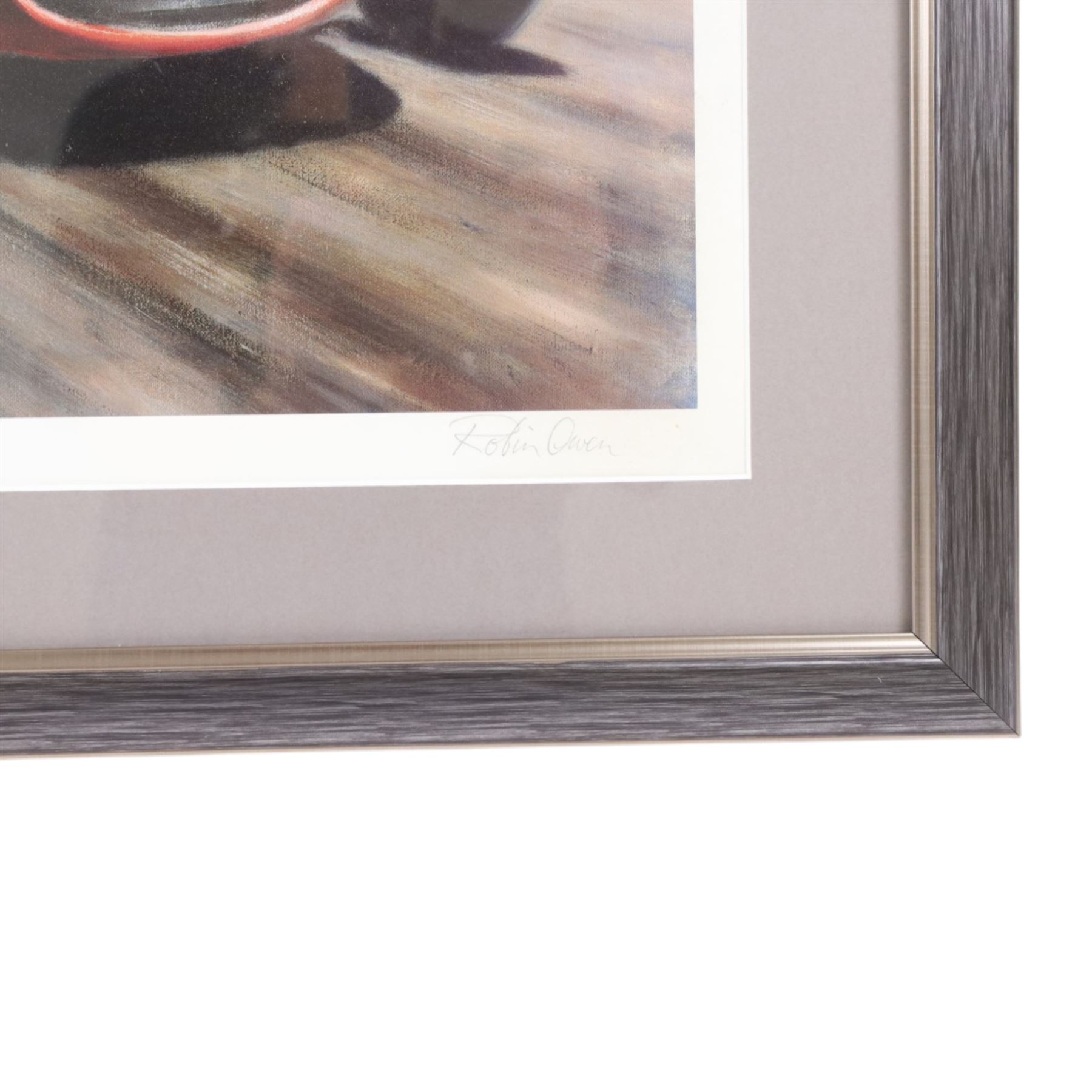 Two limited edition signed motor racing prints, the first by Ray Goldsborough depicting a Sharknose Ferrari 156 driven by Wolfgang Von Trips at the Monaco Grand Prix 1961, limited edition no. 36/475, the second by Robin Owen depicting a Sharknose Ferrari, limited edition no. 64/500, both numbered and signed by the artists, largest H56cm, W66cm