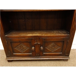  Oak open bookcase carved frieze fitted with two panel cupboard doors, block feet, W84cm, H94cm, D28cm  
