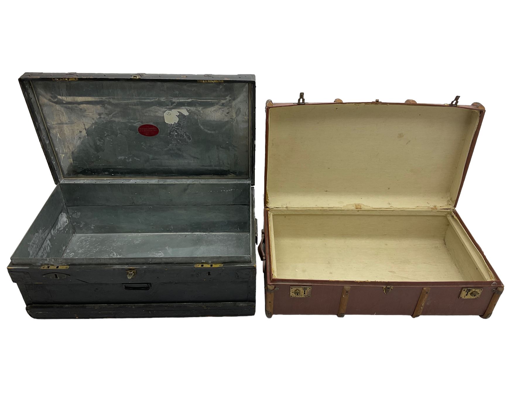 'The Marshall Improved Air & Water-Tight Chest' 1917-1933, metal bound military chest with tin liner (92cm x 53cm x 35cm), and a wooden bound canvas travel trunk (92cm x 52cm x 32cm)