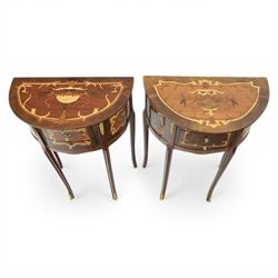 Pair of French style marquetry demi lune bedside tables, inlaid marquetry above three drawers, with applied gilt mounts to the long tapering front supports 