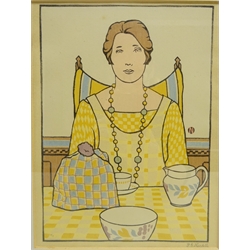  Philip Gregory Needell (British 1886-1974): Lady Taking Tea, set of four wood block prints in four colour variations, monogrammed in the block, signed and dated 1923 in pencil 24cm x 18cm (4)  