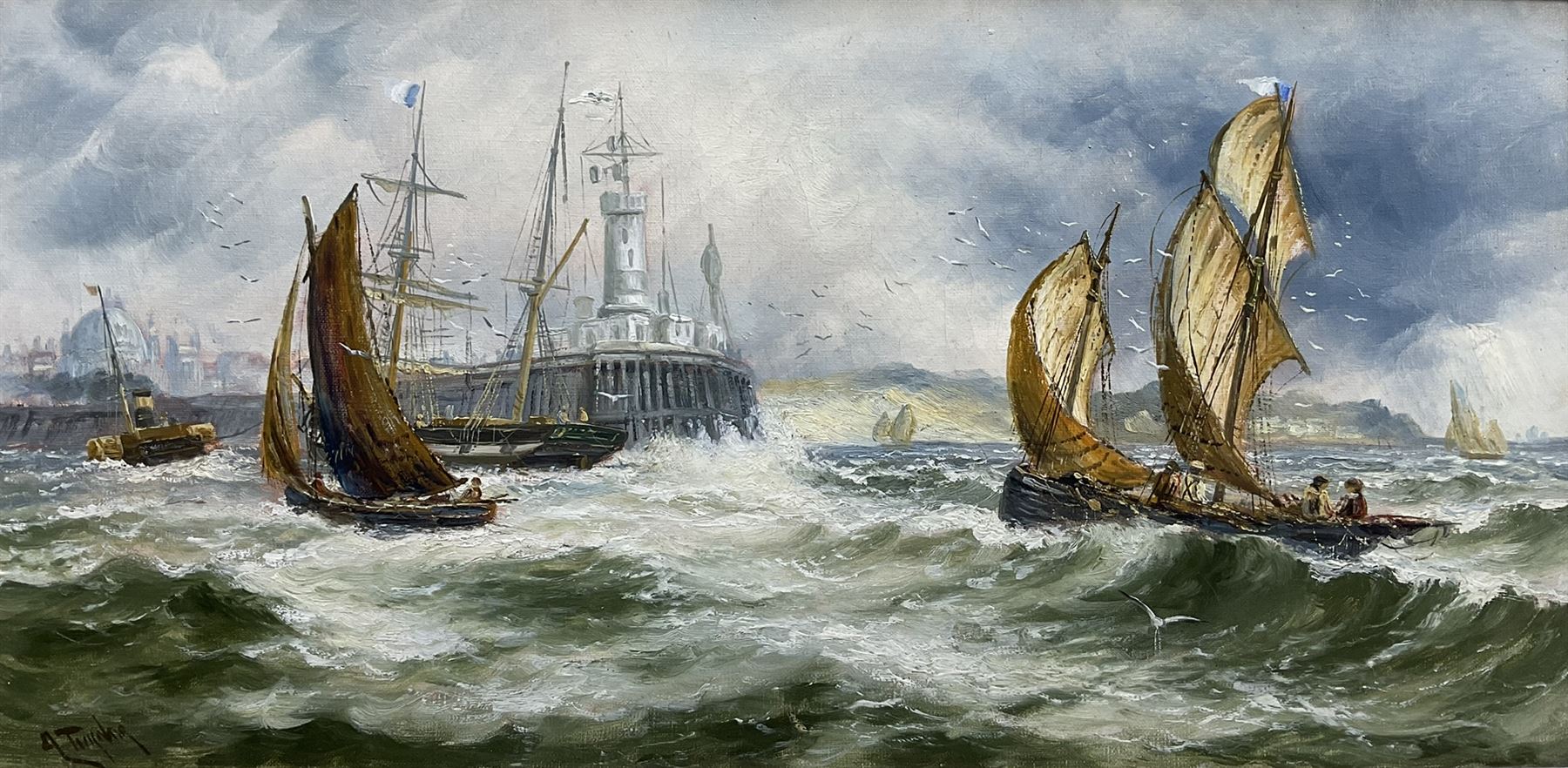 A Turner (British 19th century): Yarmouth Boats Rounding the Lighthouse, oil on canvas signed 30cm x 60cm