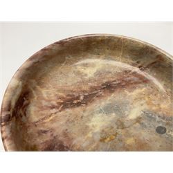 Pink veined marble bowl, of circular form, upon a spreading circular foot, D22cm, H12cm