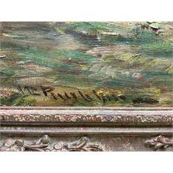 William Charles Rushton (British 1860-1921): Yorkshire Landscape with Sheep and Town in the Distance, oil on panel signed 48cm x 74cm