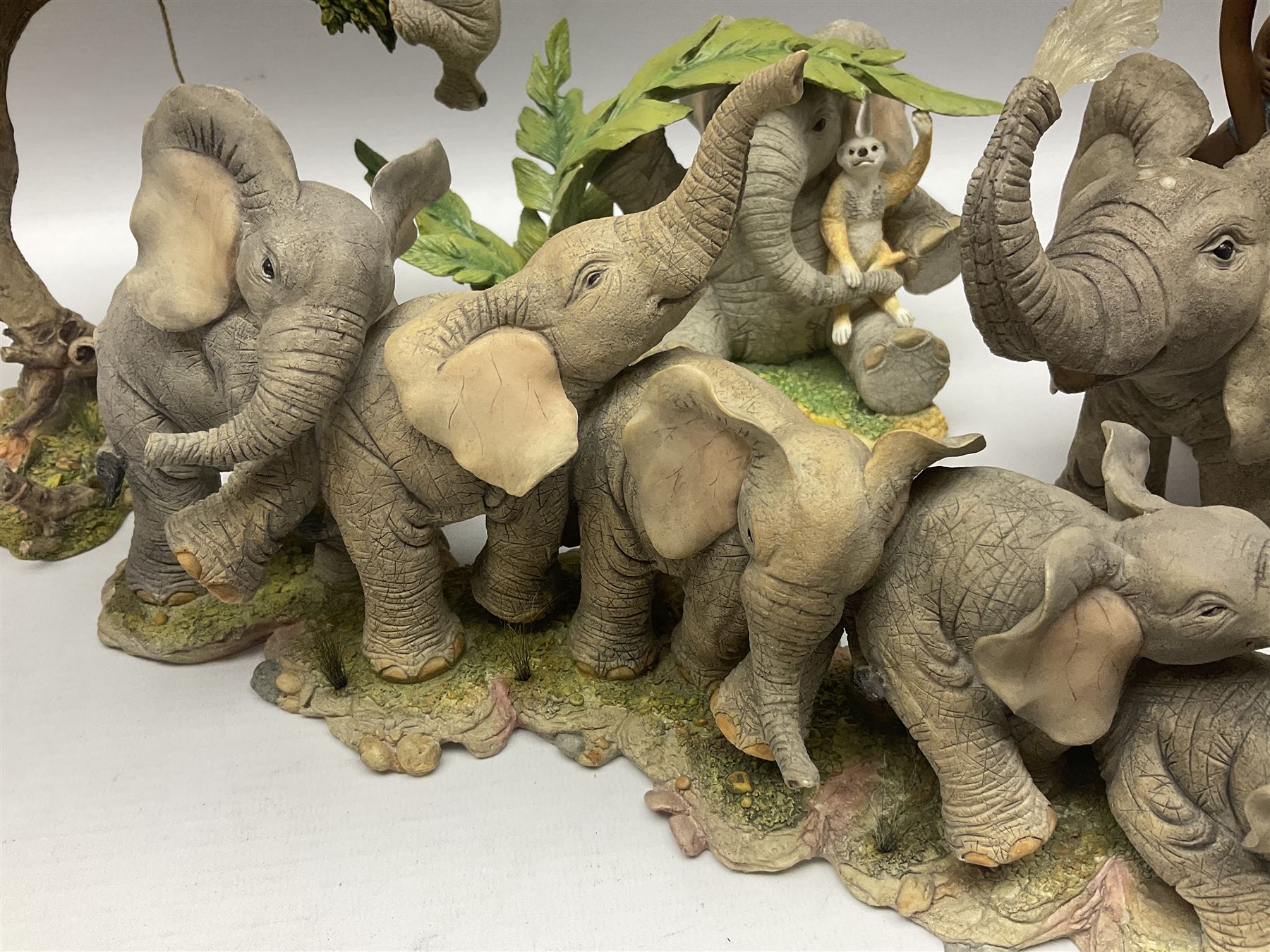 Seven Tuskers elephant figure groups, to include limited edition Stop! Mice Crossing 3479/4000 and Hide n' Squeak 77/4000, Love is... Sharing, Always a Safe Haven, Together Always etc, tallest H24cm