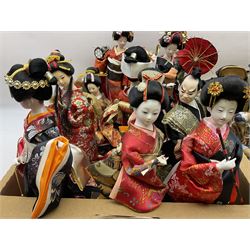 Quantity of Geisha figures in traditional dress, together with quantity of Chinese mud men figures and other oriental and oriental style ceramics etc in two boxes